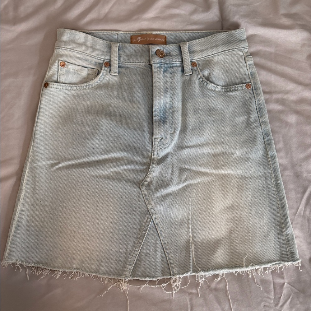 7 For All Mankind Light Blue Frayed Denim Mini Skirt